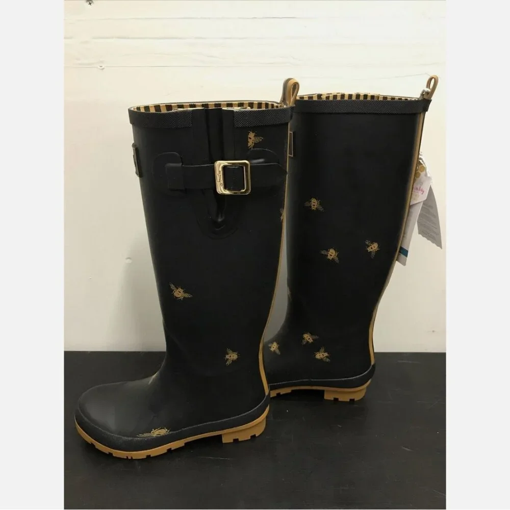 Joules Welly Print Black Bee Print High Shaft Waterproof Rain Boots